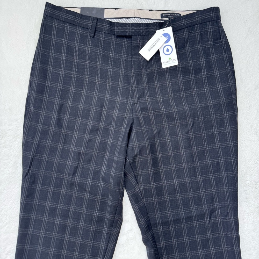 Banana Republic Pants Men’s 38x32 Black Check Slim Fit 100% Wool Career NEW - Picture 2 of 7